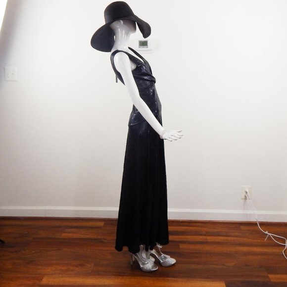 Maxi Dress Black ANIMAL SNAKE PRINT FOIL Sleeveless Slit V Neckline - Picture 3 of 9